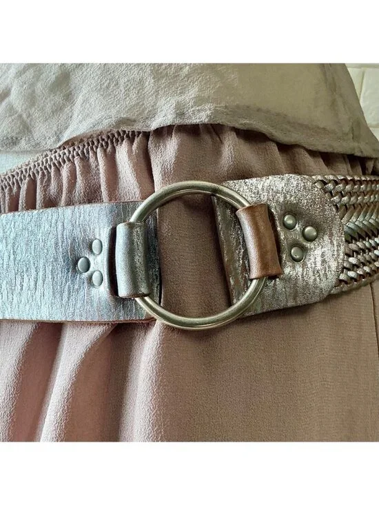 Vintage 90s Y2K Cache Metallic Silver Brushed Handmade Leather Woven Back Wide B - Picture 3 of 12